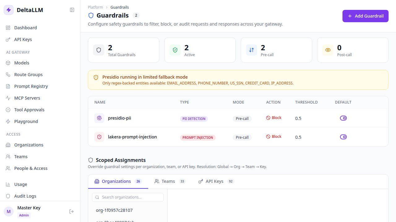 DeltaLLM Guardrails configuration page